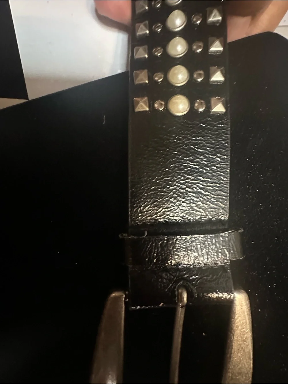 Guess Black Studded Pearl Accent Leather Belt with Silver Buckle 45” long